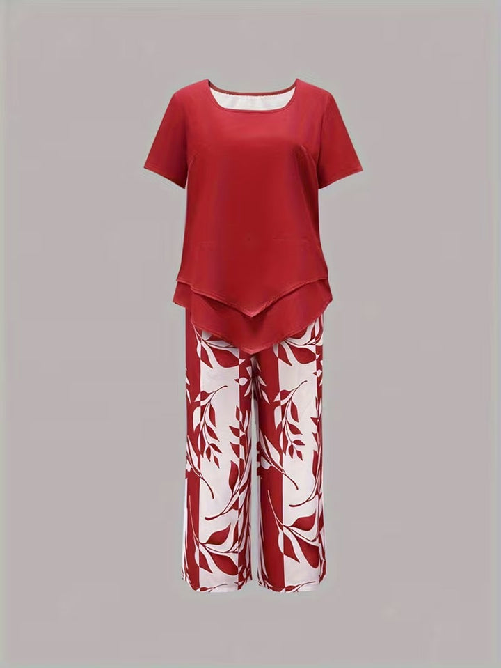 Relaxed women's two-piece leaf print outfit. Short sleeve top & comfortable cropped pants. Travel ready.
