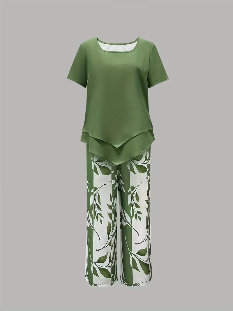Relaxed fit women's two-piece set: short sleeve leaf print top & cropped pants. Summer fashion.