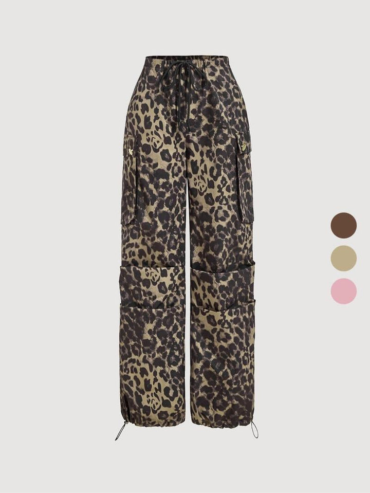 Fashion-forward women's leopard cargo trousers. Bold wide-leg design for a statement, comfortable patterned pants.