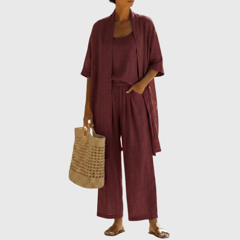 Detail of the top & trousers of a women's breathable three-piece set, showcasing the relaxed fit & quality fabric.