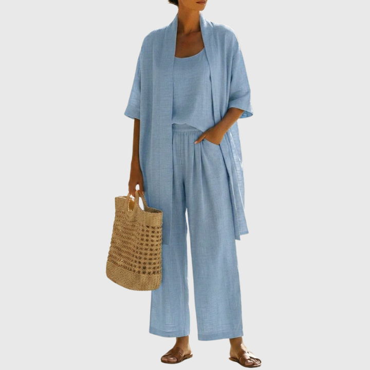 Women's summer three-piece set, featuring a lightweight top, wide-leg pants, and cardigan for effortless style.
