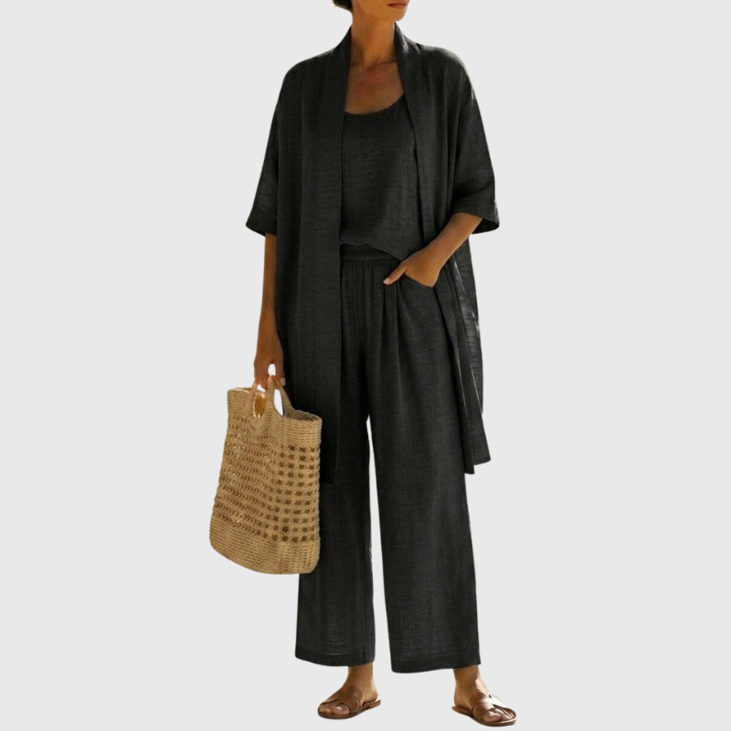Women's lightweight 3-piece set in a neutral tone, ideal for a versatile summer outfit & travel loungewear.