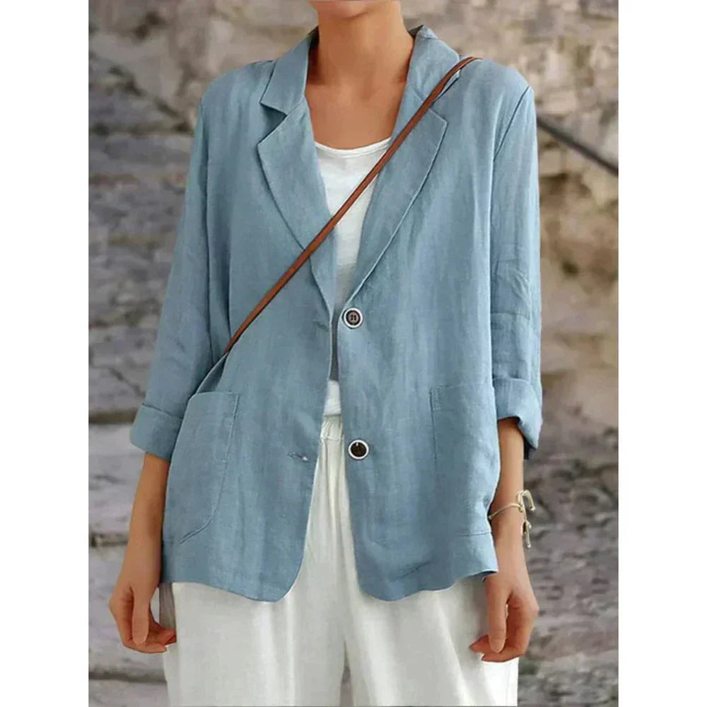 Versatile women's 3/4 sleeve button-up cardigan, relaxed fit, perfect for smart casual & everyday wear.