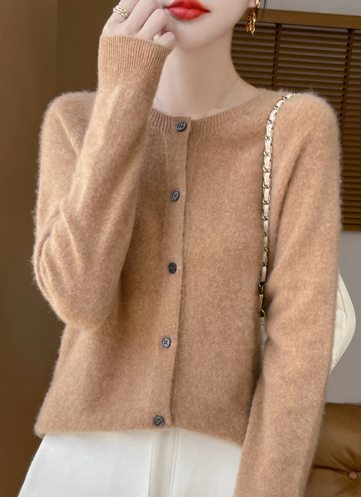 Soft knit women's crew neck cardigan, a classic button-down layering piece for all-season versatile casual wear.