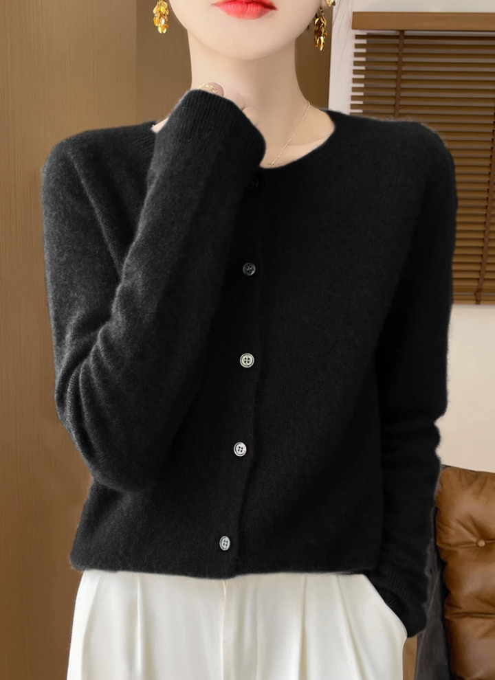 Timeless women's classic cardigan, soft knit, button-down, crew neck design, a versatile & elegant outfit essential.