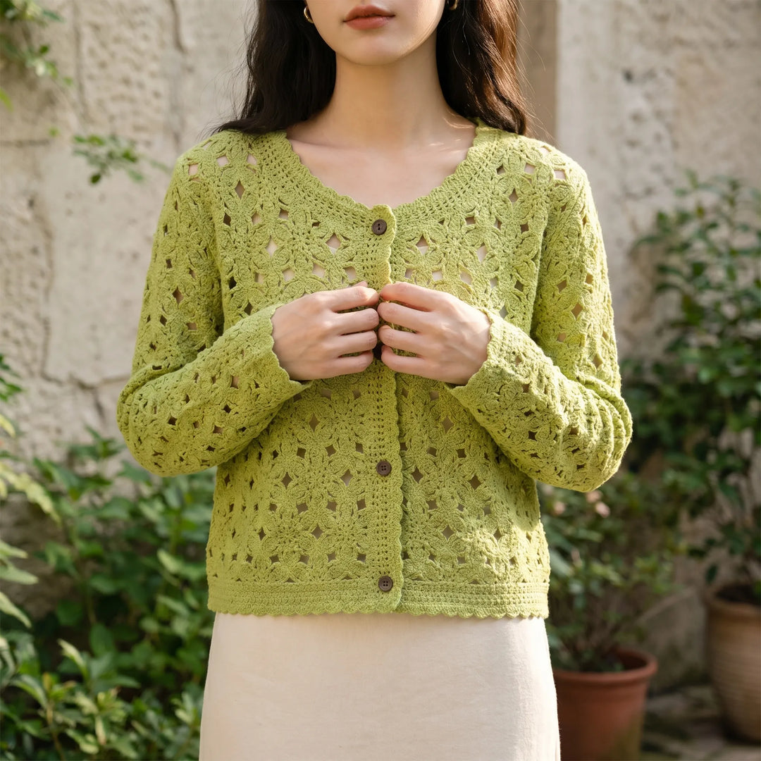 Women's lightweight green openwork cardigan, perfect for spring layering or summer beach coverup. Chic long-sleeve sweater.