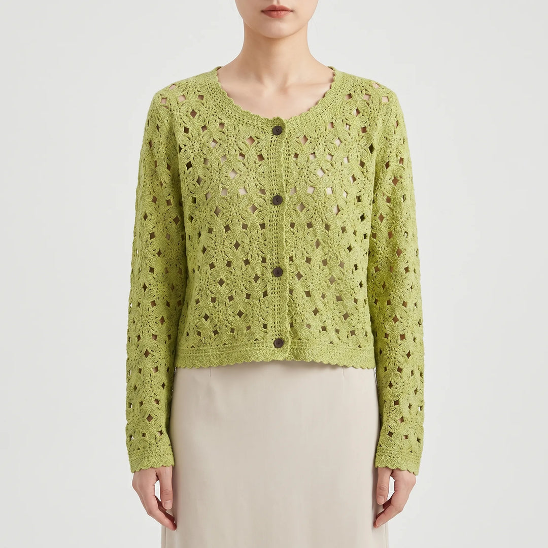 Chic women's beige openwork cardigan, a versatile lightweight sweater for spring outerwear or summer fashion layering.
