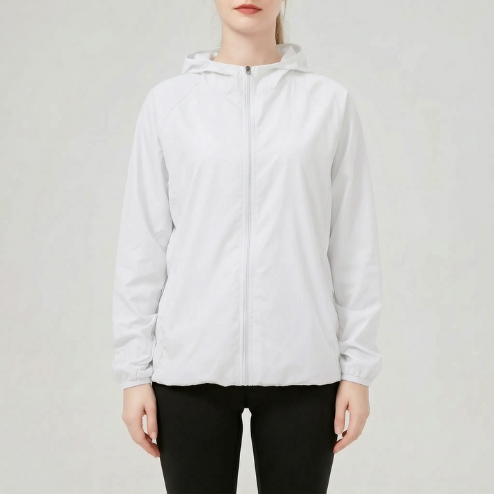 Lightweight women's active jacket with hood. Ideal for outdoor workouts, running, hiking & daily wear. Packable.