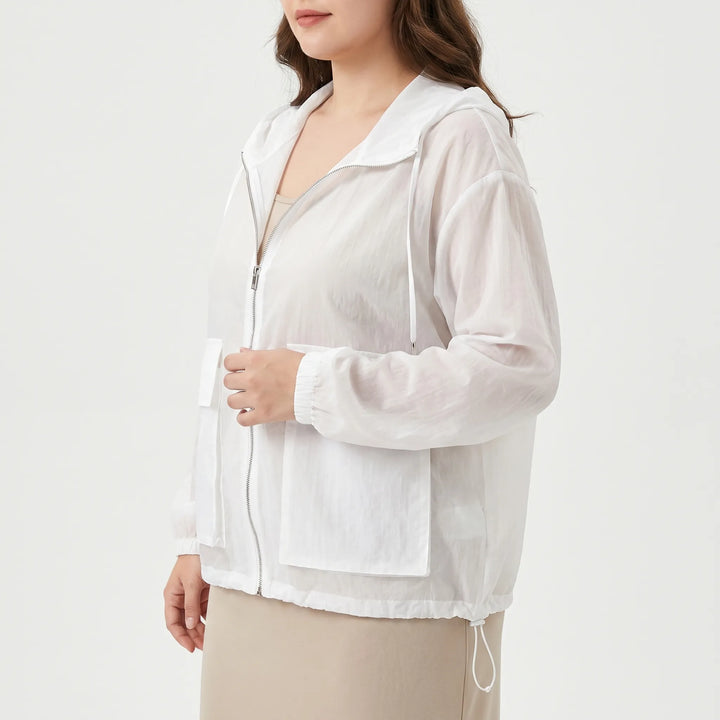 Lightweight women's hooded windbreaker jacket, perfect for outdoor activities & weather protection.