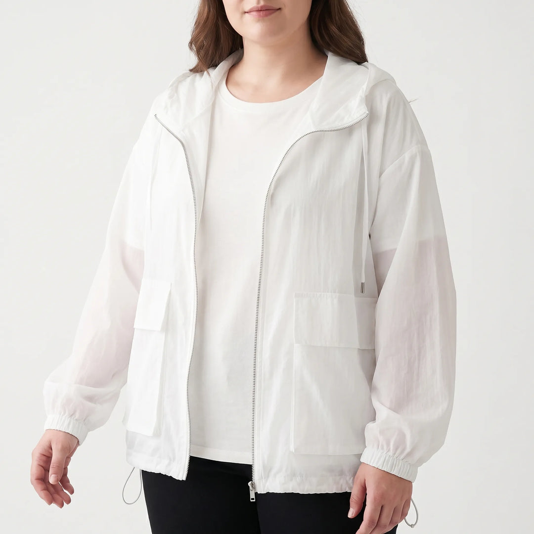 Stylish women's lightweight summer jacket with hood, essential activewear for outdoor adventures.
