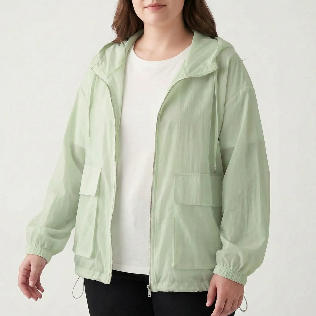 Comfortable women's athletic hooded jacket, lightweight for freedom of movement during active sports.