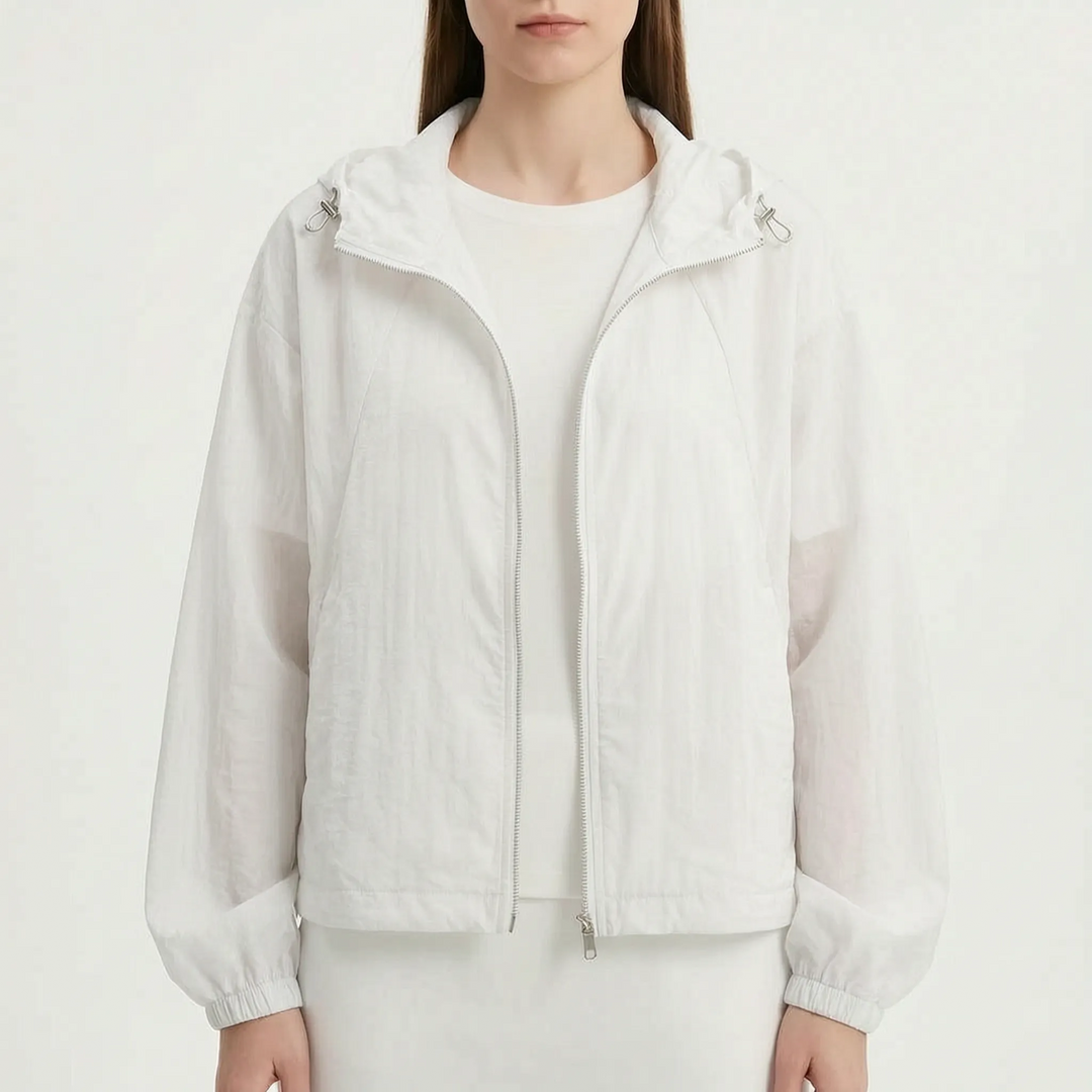 Blue women's activewear hooded windbreaker jacket with adjustable drawstring, lightweight and wind-resistant.