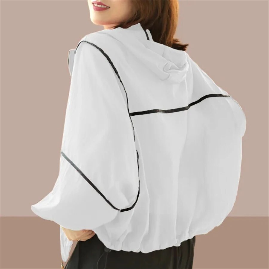 Stylish women's oversized zip-up hoodie jacket, lightweight and comfortable for summer casual wear & layering.