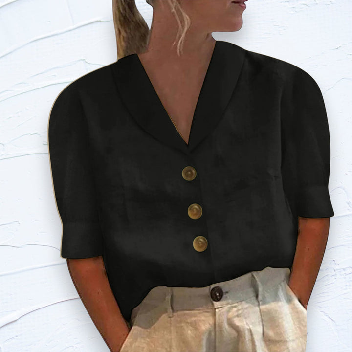 Comfortable women's short sleeve button-front shirt, a versatile top for chic casual wear and summer outfits.