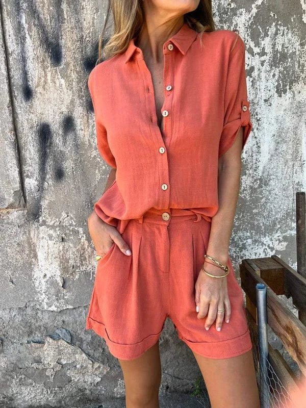 Casual women's shorts set with a relaxed fit top, perfect for everyday wear and summer activities.