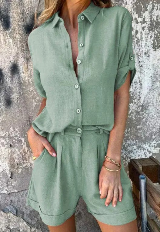 Stylish women's summer outfit: a lightweight matching top and shorts for comfortable spring fashion.