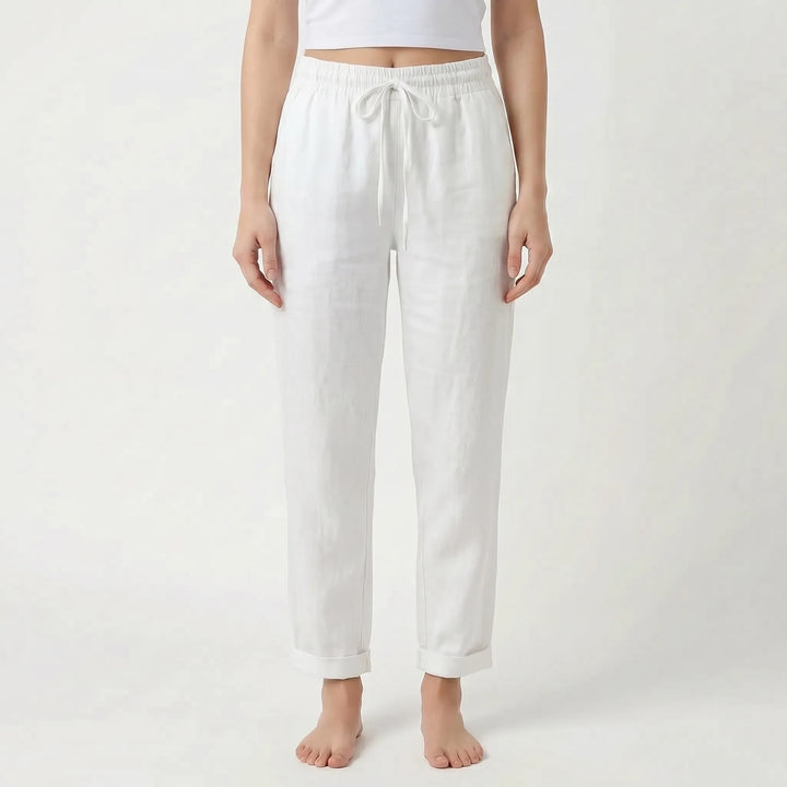 Women's relaxed fit summer trousers, tapered leg & elastic drawstring waist for breezy casual fashion.
