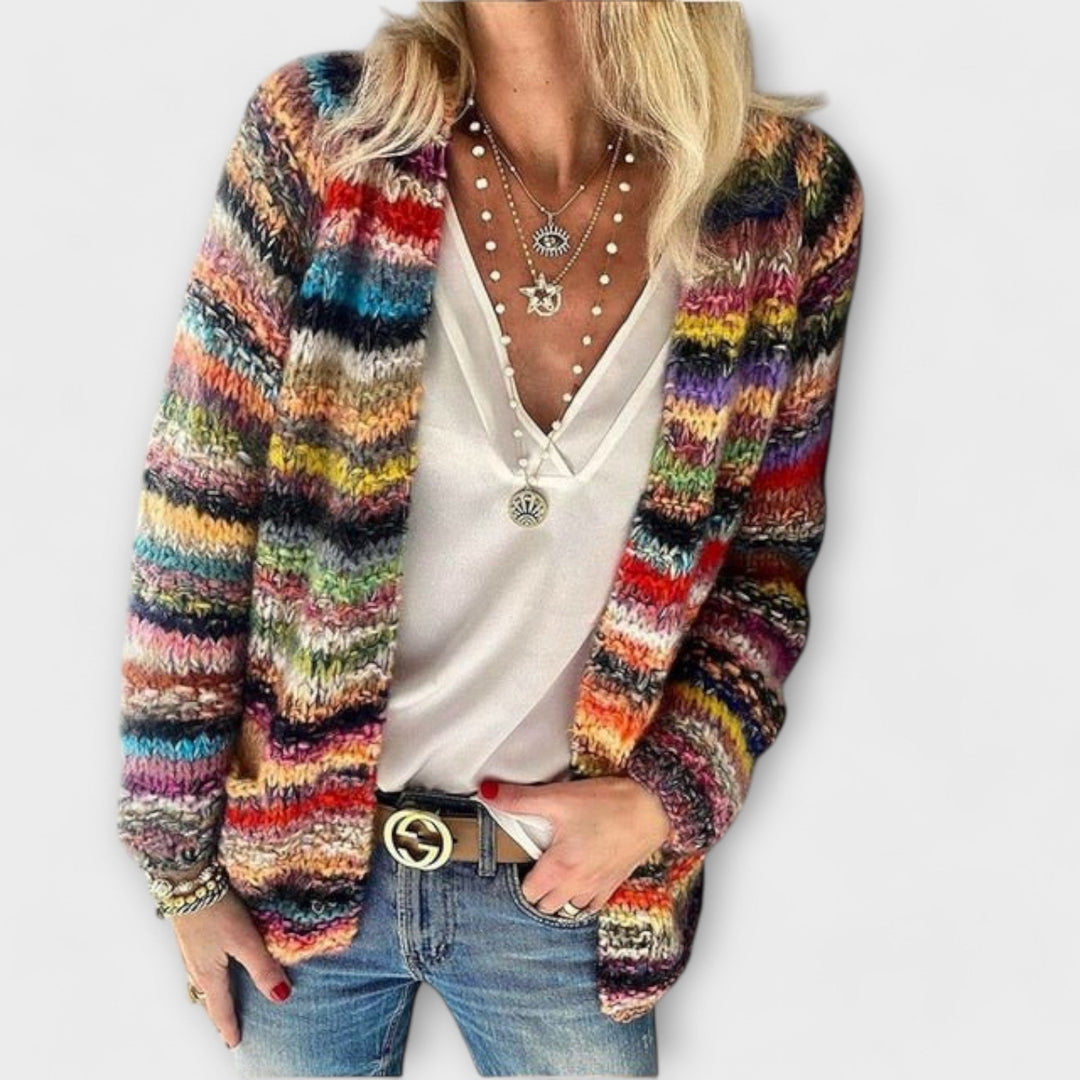 Women's lively open-front cardigan with colorful, cozy knit pattern. Stylish casual layering piece for everyday fashion.