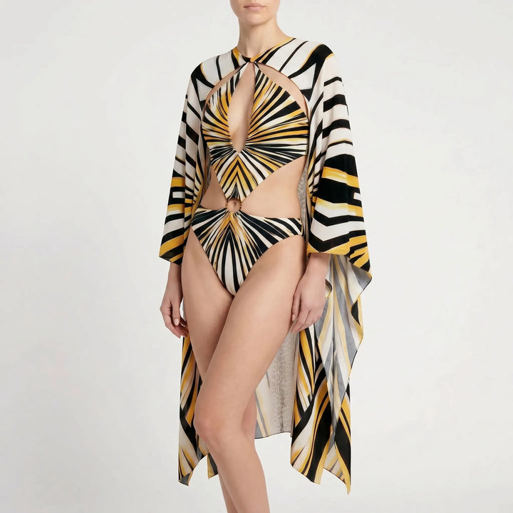 Abstract print long-sleeve one-piece swimsuit for women, features front cutouts & flared sleeves.