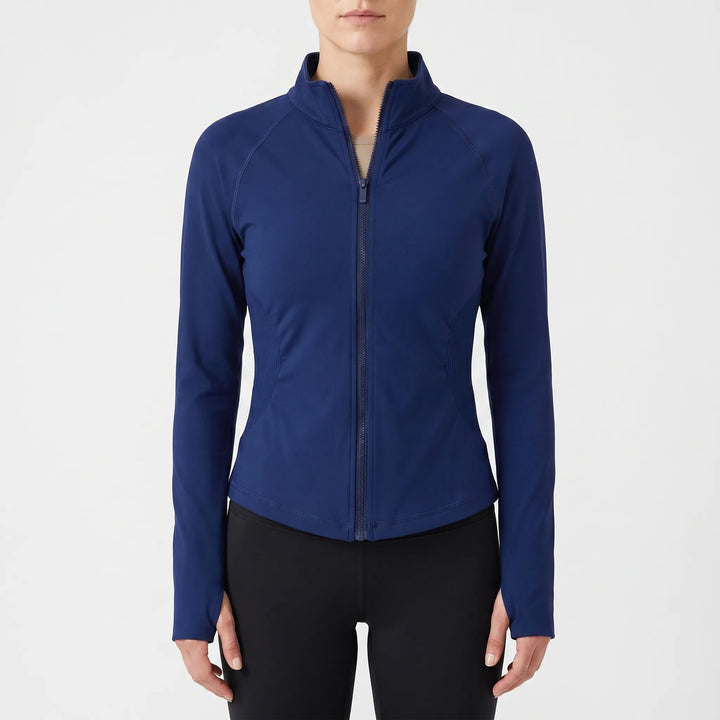 Front view of a women's long-sleeve workout jacket, designed for optimal athletic performance.