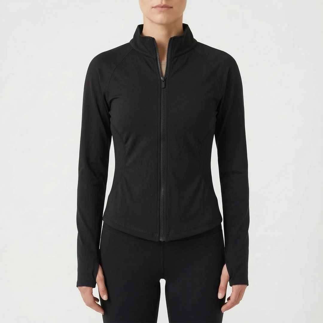 Close-up of a women's long-sleeve athletic jacket, showcasing its workout-ready design.
