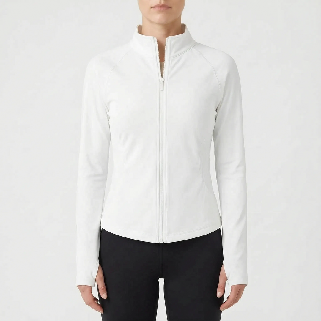 Full-length women's active long-sleeve jacket, versatile for gym, running, and daily athleisure.