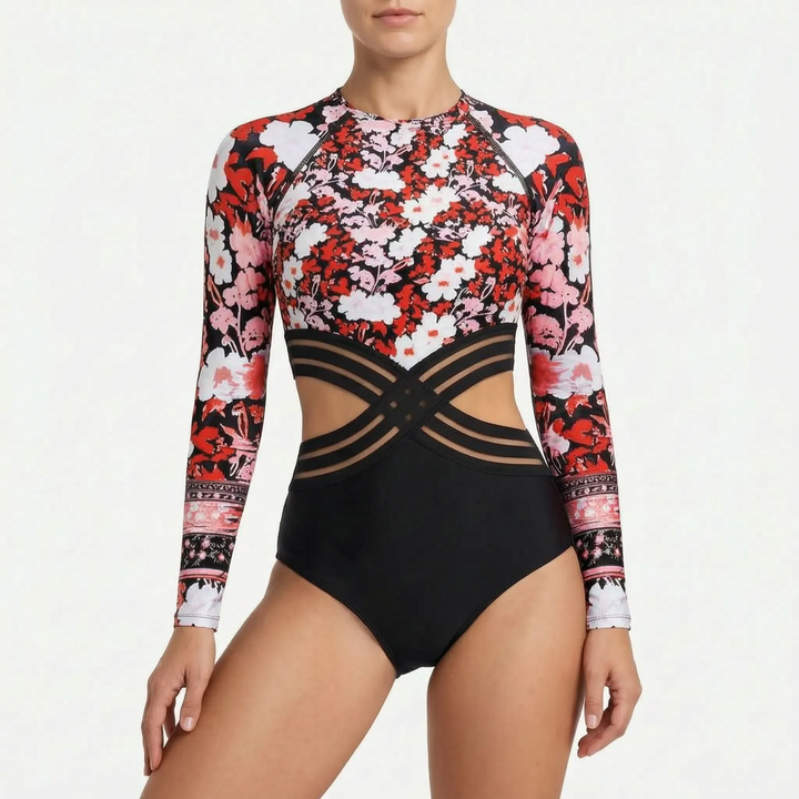 High-performance long-sleeve women's active swimsuit with trendy cutouts. Ultimate beach comfort, style & sun protection.