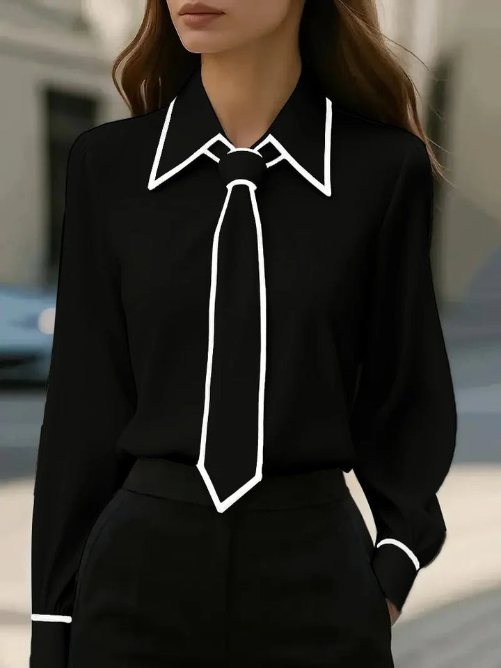 Chic women's button-down blouse featuring a tie neck and contrast trim; ideal for professional office wear.