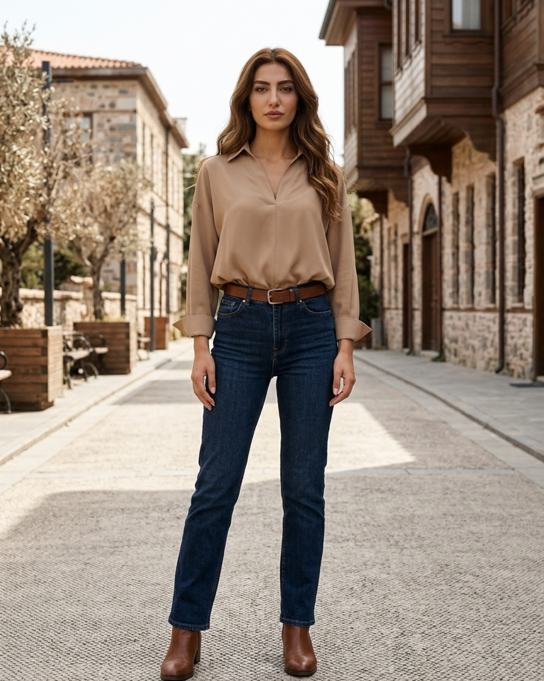 Stylish women's long sleeve collared bodysuit, perfect V-neck blouse for professional workwear and office fashion.