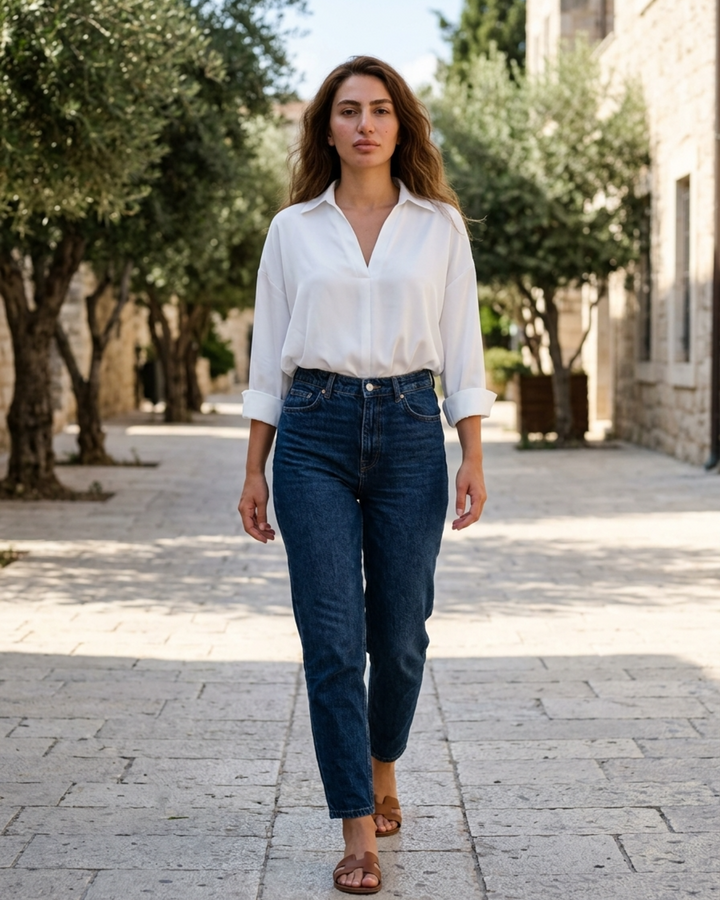 Versatile women's V-neck collared blouse bodysuit. Long sleeve top, ideal for modern elegant fashion.