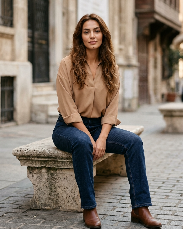 Chic women's long sleeve V-neck collared blouse, a comfortable and elegant bodysuit for professional and everyday wear.