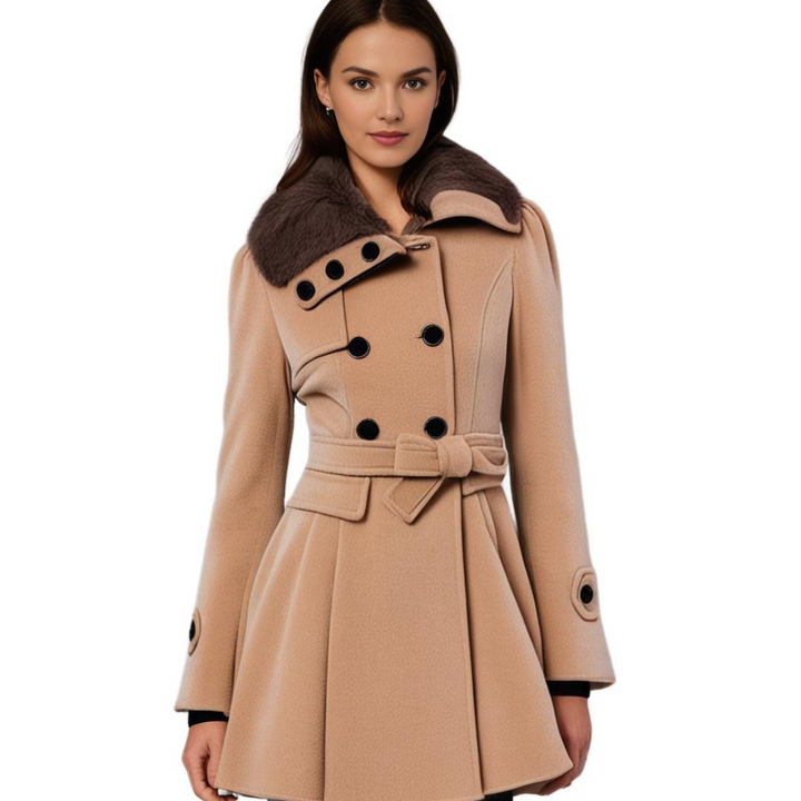 Women's elegant long tailored coat with a soft collar, perfect for evening wear or chic casual outings.