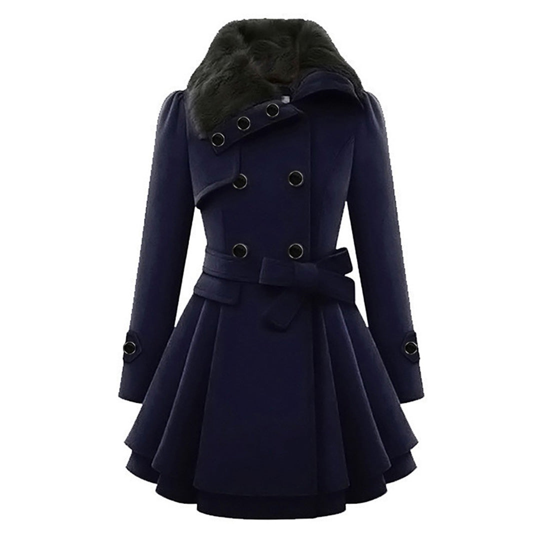 Comfortable women's long tailored coat with a soft collar, combining style with everyday practicality.