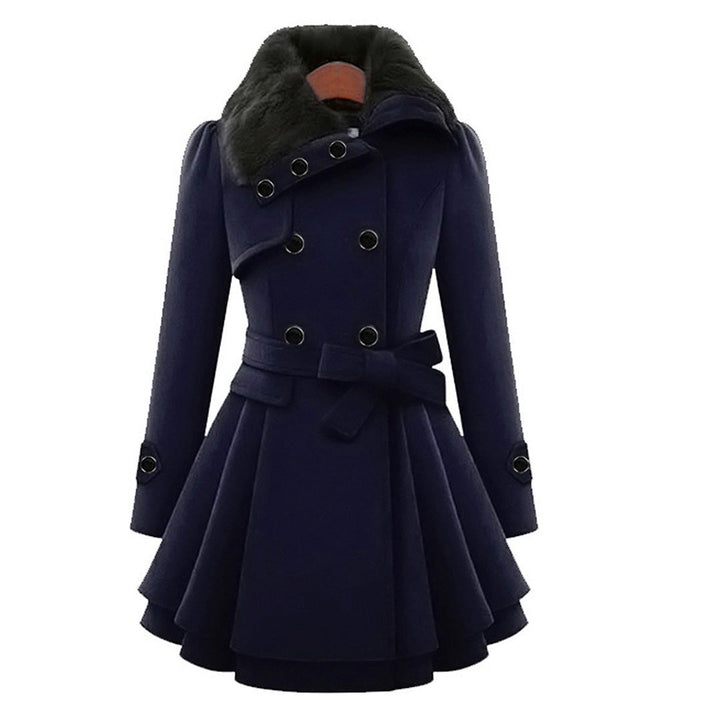 Stylish women's long tailored winter coat with a soft collar, versatile for casual and evening wear.