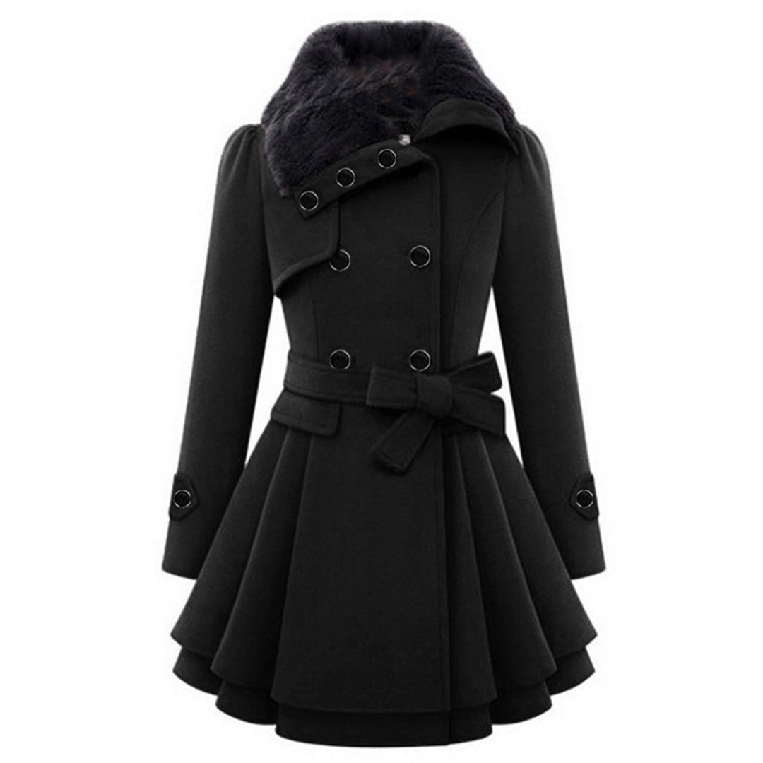 Close-up of soft collar on a women's long tailored coat, highlighting quality for everyday fashion.