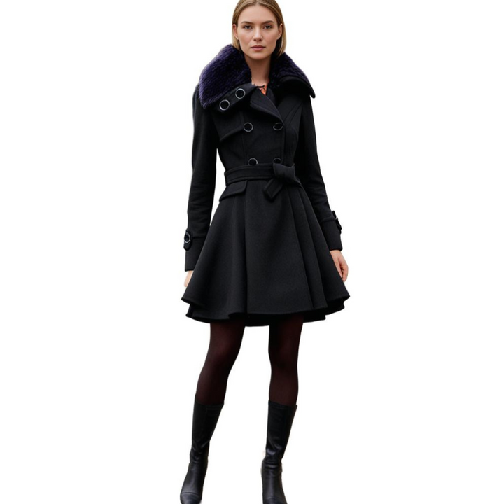 Back view of women's long tailored coat, showcasing the elegant fit and soft collar for versatile wear.