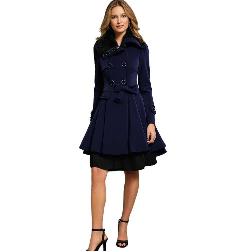 Front view of a women's long tailored coat with soft collar, ideal for casual and elegant layering.