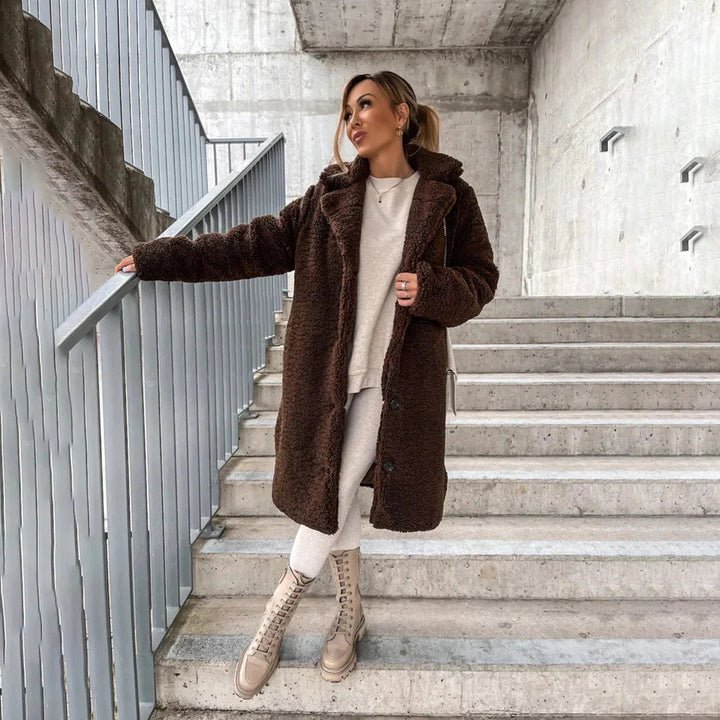 Women's long teddy coat, cozy and soft for winter. Relaxed fit, stylish autumn outerwear.