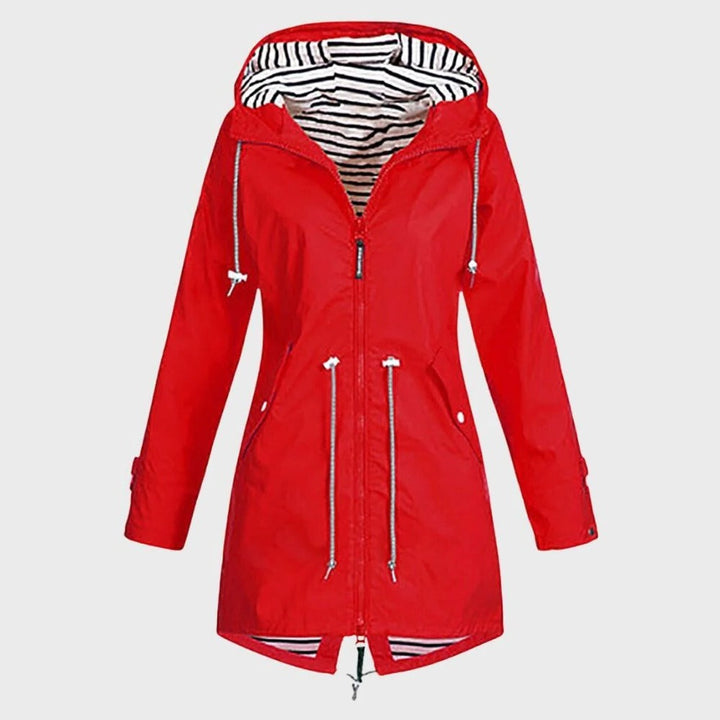 Women's long waterproof hooded rain jacket for stylish weather protection. Ideal for all-season outdoor wear.