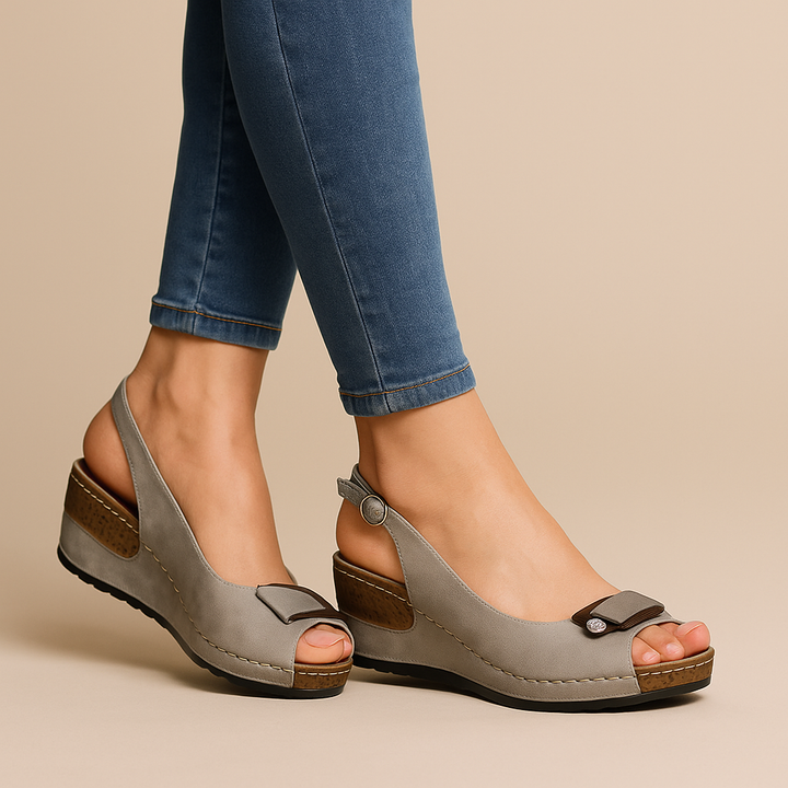 Stylish women's peep toe wedge sandals with adjustable slingback & low heel, perfect for summer comfort.