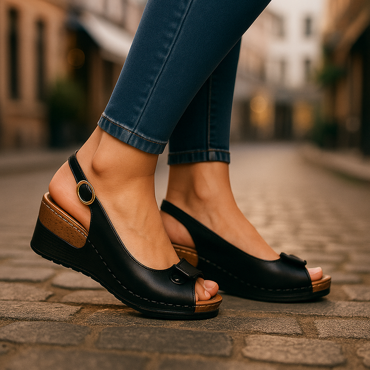 Elegant women's low wedge peep toe slingback sandals, offering ultimate comfort and style for summer.