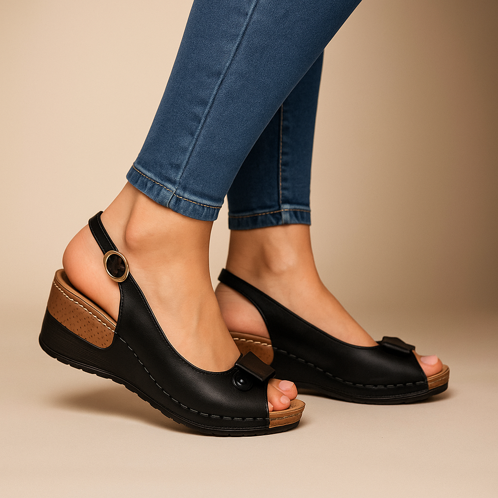 Women's adjustable slingback wedge sandals with a comfortable low heel and chic peep toe, ideal for summer.