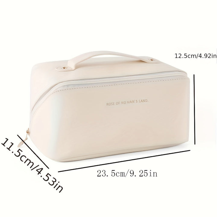 Durable women's luxury travel makeup organizer, a zippered PU leather toiletry bag for all beauty needs.