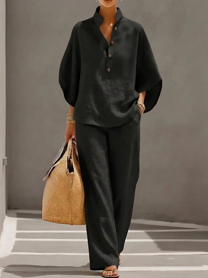 Stylish women's summer outfit: mandarin collar top & wide-leg pants matching set.