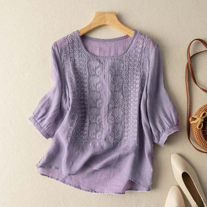 Purple relaxed fit Women's embroidered top, a comfortable boho-style casual shirt for daily wear.