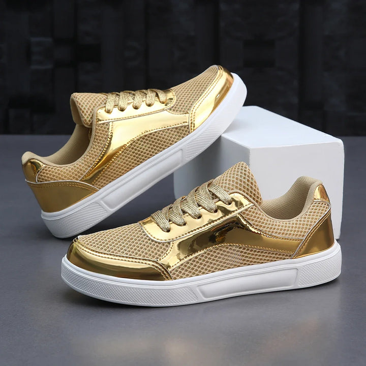 Women's metallic mesh lace-up sneakers. Stylish, comfortable casual footwear for everyday wear.