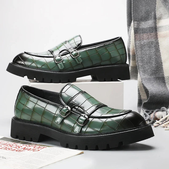 Chic women's platform loafers with unique embossed detail & elegant buckle, perfect for casual style.