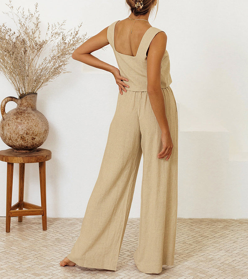 Comfortable & versatile women's minimalist two-piece set. Elegant square neck top & wide-leg pants for casual or chic wear.