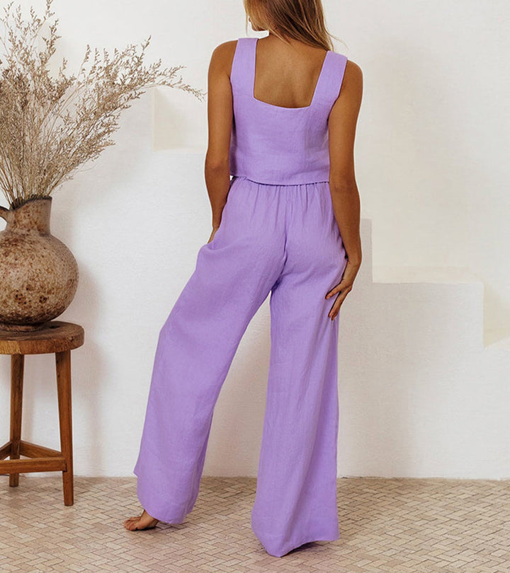 Elegant yet casual women's minimalist two-piece set, featuring a square neck top & comfortable wide-leg pants for versatility.