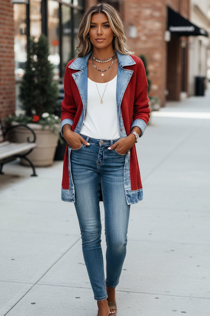 Back view of the women's fashion hybrid jacket, highlighting its comfortable fit and modern outerwear appeal.
